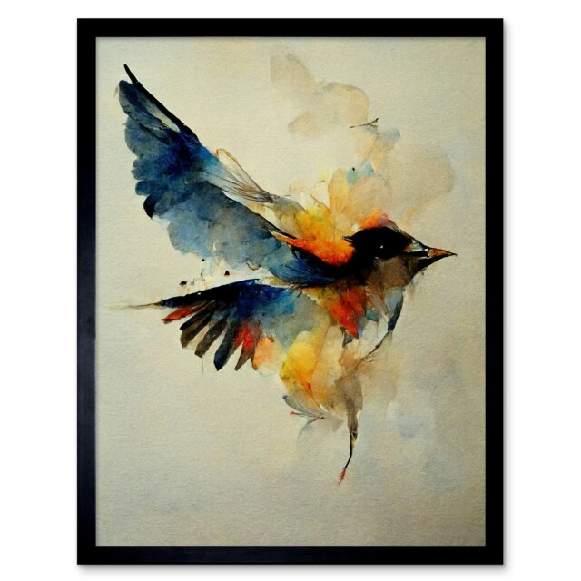 "Watercolour Paint Of Colourful Flying Bird 12x16"" Framed Wall Art Print"