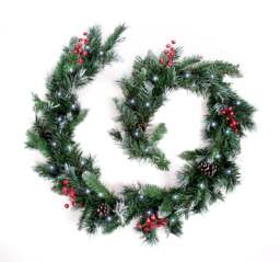 Best Artificial 9ft Deluxe Frosted Christmas Garland with Pine Cones, Winter Red Berries & 80 Bright White battery lights