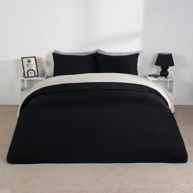 OHS Microfibre Reversible Plain Duvet Cover and Pillowcase Set, Double - Black/Natural
