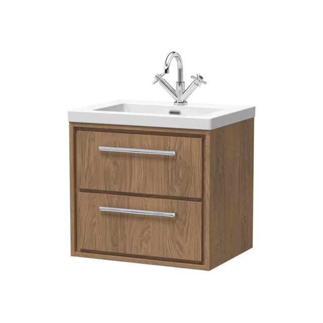 Balterley Longnor 2 Drawer Wall Hung Vanity Unit with 1 Tap Hole Modern Fireclay Basin, Antique Oak, 600mm