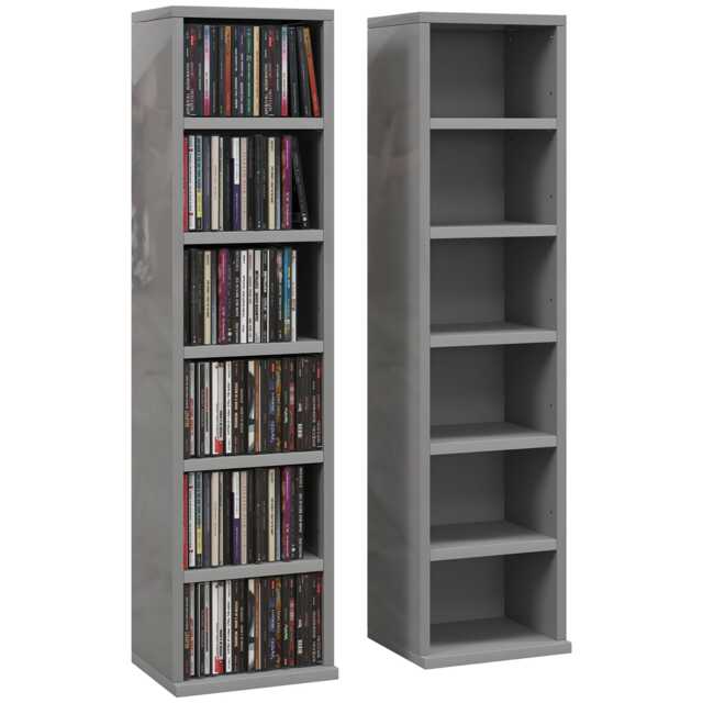 HOMCOM Set of 2 CD Storage Units DVD Shelf with Adjustable Shelves Grey High Gloss Grey 21W x 22.5D x 88.5H cm