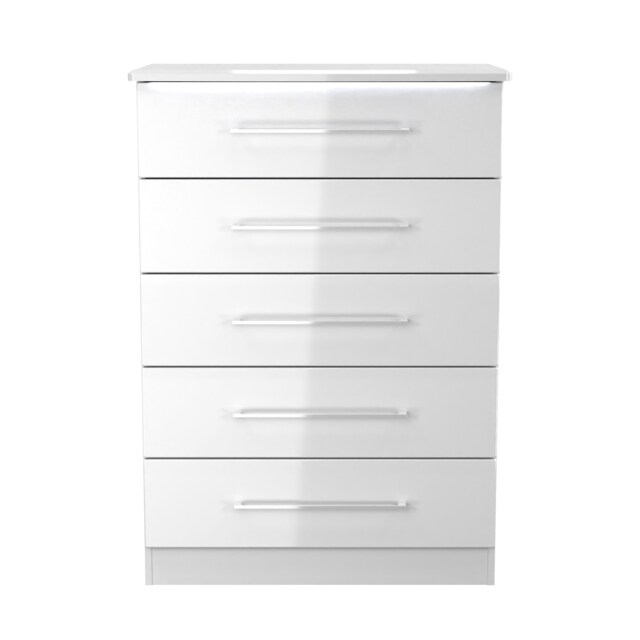 Lyon 5 Drawer Chest of Drawers in White Gloss & White (Ready Assembled) White White Gloss & White