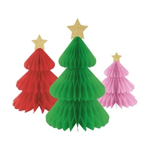 Vibrant Red, Green & Pink Christmas Tree Honeycomb Decorations with Glitter Stars - Pack of 3