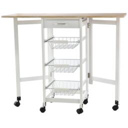 HOMCOM Drop-Leaf Kitchen Cart Trolley w 3 Baskets Drawer Surface Top 6 Universal Wheels Rolling Storage Unit Kitchen Home Dining Island White Oak Tone