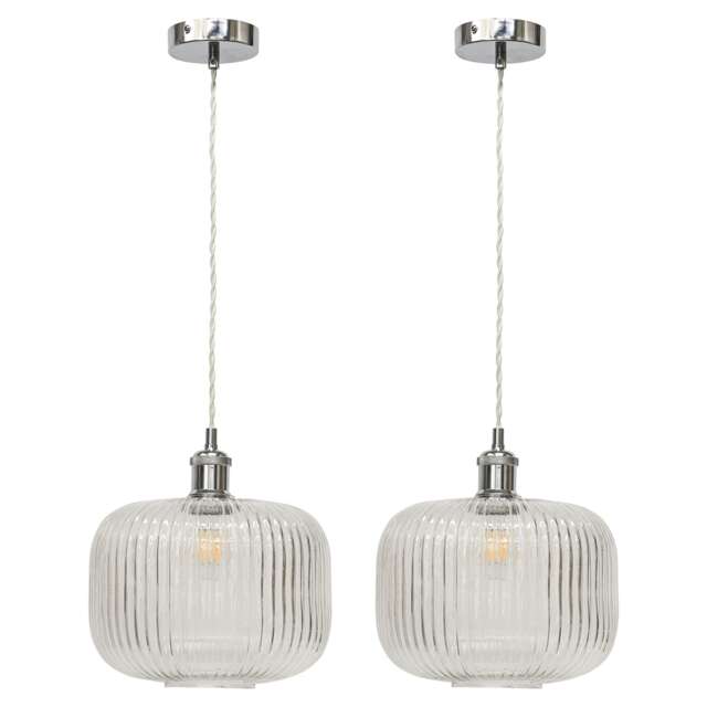 Set of 2 Batley Large - Clear Ribbed Glass Chrome Retro Pendants