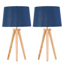 Set of 2 Light Oak Table Lamp or Bedside Lights with Navy Silver Shade Brown Blue Large 2