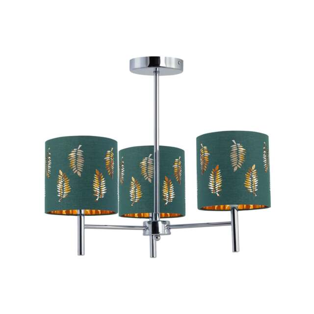 Brea - Chrome 3 Light Fitting with Dark Green Fern Shades Chrome Green 1