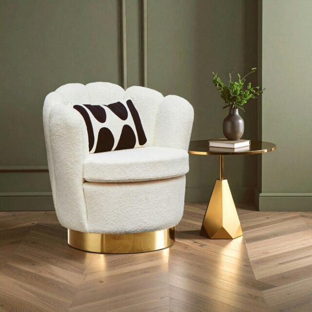 Orsina White Velvet Upholstered Round Chair, Accent Chair for Living Room, Accent Lounge Chair with Golden Base
