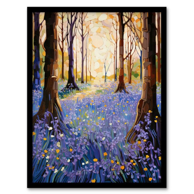 Majestic Bluebells Spring Wood Carpet Purple Black Framed Wall Art Print A4