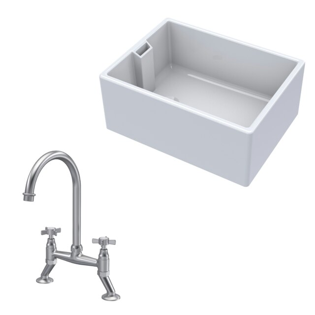 Fireclay Kitchen Bundle - 1 Bowl Belfast Sink & Bridge Crosshead Mixer Tap, 615mm - Brushed Nickel