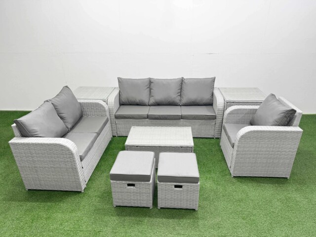 Fimous Patio PE Wicker 8 Seater Outdoor Rattan Furniture Sofa Sets with Rectangular Coffee Table Reclining Chair Loveseat Sofa 3 Seater Sofa Stool 2 Side Table Light Grey