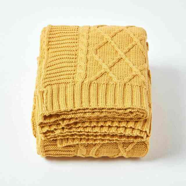 Homescapes Mustard Diamond Cable Knit Cotton Throw - 150 x 200 cm Yellow 1