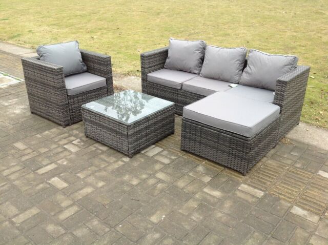Fimous Lounge Dark Mixed Grey Rattan Sofa Set With Tables Stool Outdoor Garden Furniture Patio 5 Seater