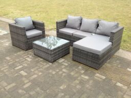 Fimous Lounge Dark Mixed Grey Rattan Sofa Set With Tables Stool Outdoor Garden Furniture Patio 5 Seater