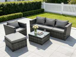 Fimous Lounge Dark Mixed Grey Rattan Sofa Set With Tables Stool Outdoor Garden Furniture Patio 5 Seater
