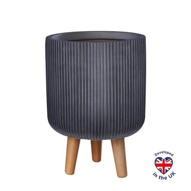 Ribbed Black Cylinder Planter on Legs, Round Pot Plant Stand Indoor D25.5 H36 cm, 10.4 ltrs Cap.