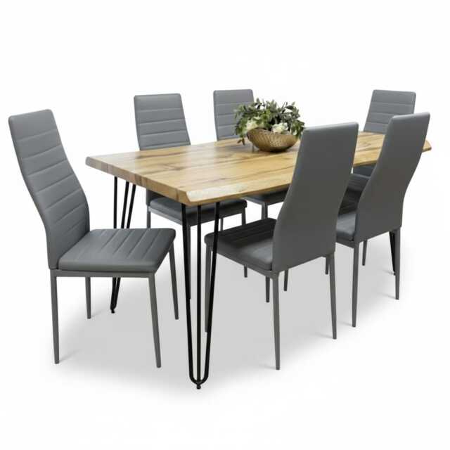Wooden Dining Table Set With 6 Grey Faux Leather Chairs Kitchen Dining Furniture