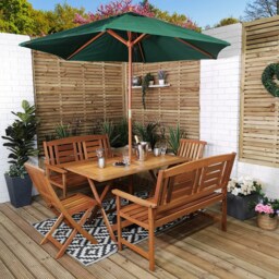 Outdoor 6 Person Folding Rectangular Wooden Garden Patio Dining Table Chairs and 2 Benches Parasol and Base set