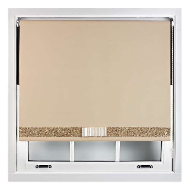 FURNISHED Blackout Roller Blind with Gold Glitter Trim and Cream Bow Trimmable Window Shade Brown Cappuccino (W) 160cm x (L) 165cm