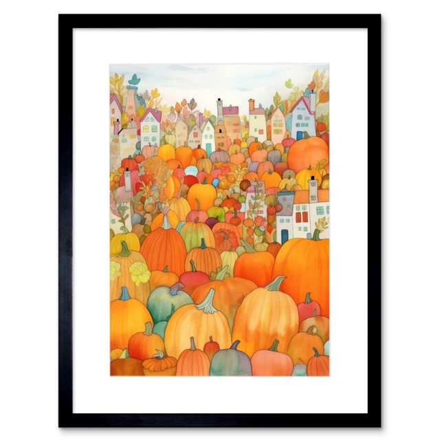 "Halloween Pumpkin Patch Festival Autumn Harvest 9x7"" Black Framed Wall Art Print"