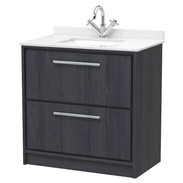 Balterley Longnor 2 Drawer Floor Standing Vanity Unit with Square Basin and Marble Worktop, Woodgrain Graphite Grey, 800mm