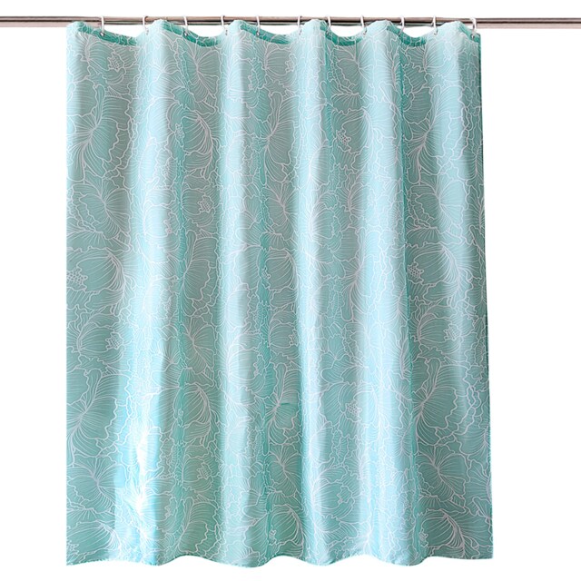 Light Blue Floral Design Polyester Shower Curtain with 12 Hooks - 180x180cm