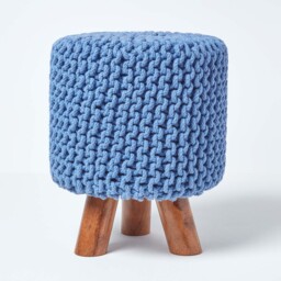 Homescapes Blue Tall Cotton Knitted Footstool on Legs
