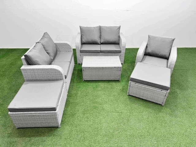 Fimous High Back Poly Rattan Garden Furniture Set with Reclining Chair Loveseat Sofa Rectangular Coffee Table Indoor Outdoor Patio Set 2 Big Stool Light Grey