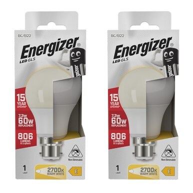 Energizer LED GLS B22 806lm 7.3W 3000K (Warm White) Light Bulb - Pack of 2