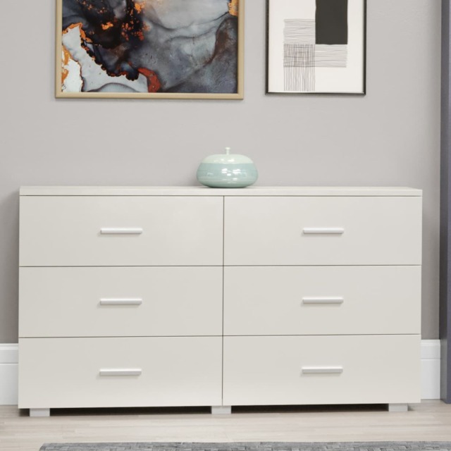 Lido 3+3 Drawer White Gloss Wide Chest of Drawers - White High Gloss Bedroom Storage with Matte Silver Handles White White 1