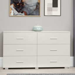 Lido 3+3 Drawer White Gloss Wide Chest of Drawers - White High Gloss Bedroom Storage with Matte Silver Handles White White 1