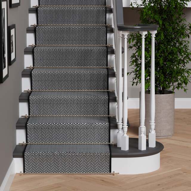 KUKOON Grey Herringbone Cut to Measure Stair Carpet Runner Rug 60cm x 1410cm