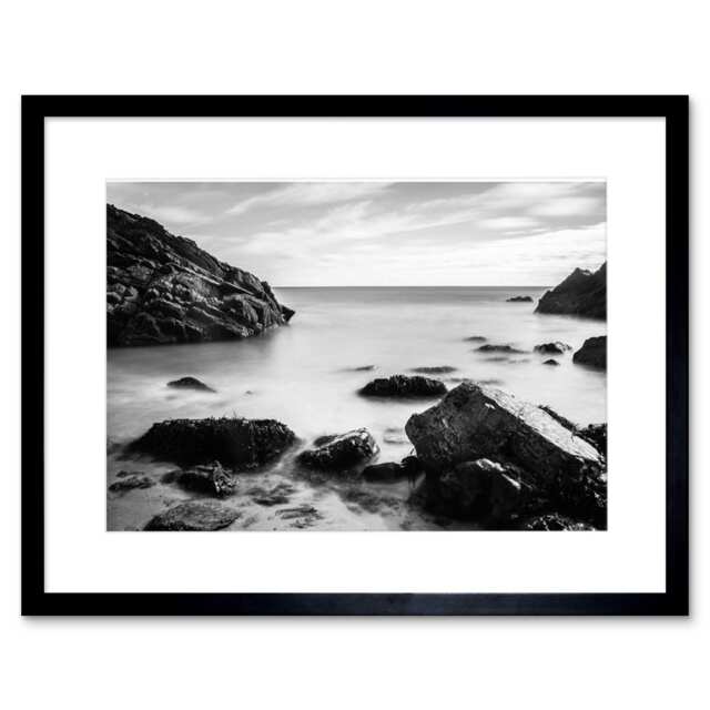 "Marloes Beach Wales Black White Rocky Coast Seascape 9x7"" Black Framed Wall Art Print"