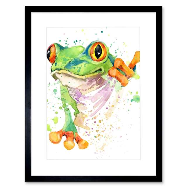 "Frog Bright Watercolour Animal 9x7"" Black Framed Wall Art Print"