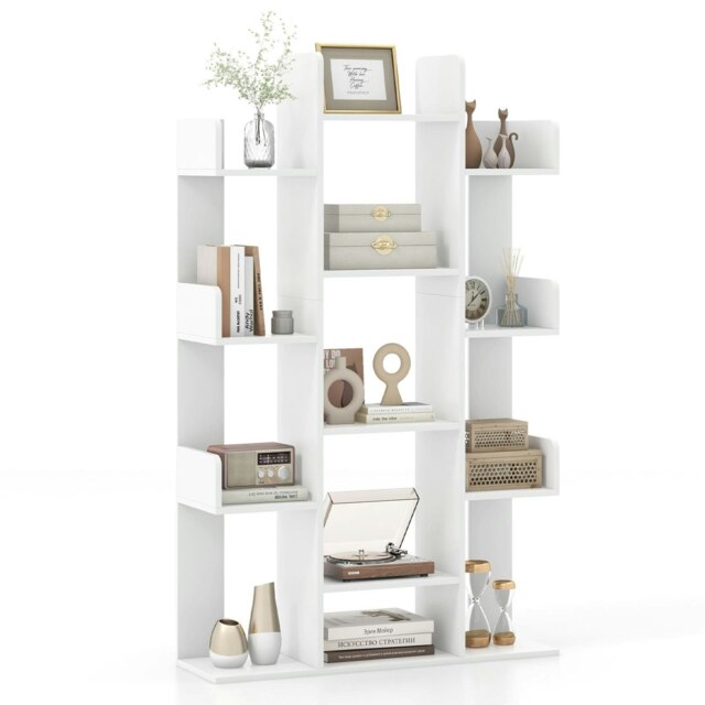 COSTWAY Tree Bookshelf Corner Bookcase Storage Organizer White White