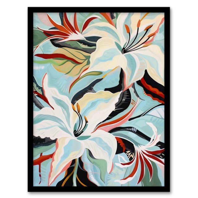 Oriental Lily Flower Bouquet Abstract Floral Black Framed Wall Art Print A4
