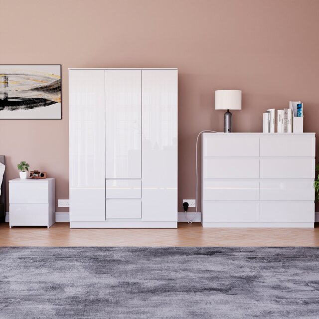 Vida Designs Glinton 3 Piece FSC Certified Bedroom Set (2 Drawer Bedside Chest, 8 Drawer Chest, 3 Door 2 Drawer Wardrobe), White White White L 3