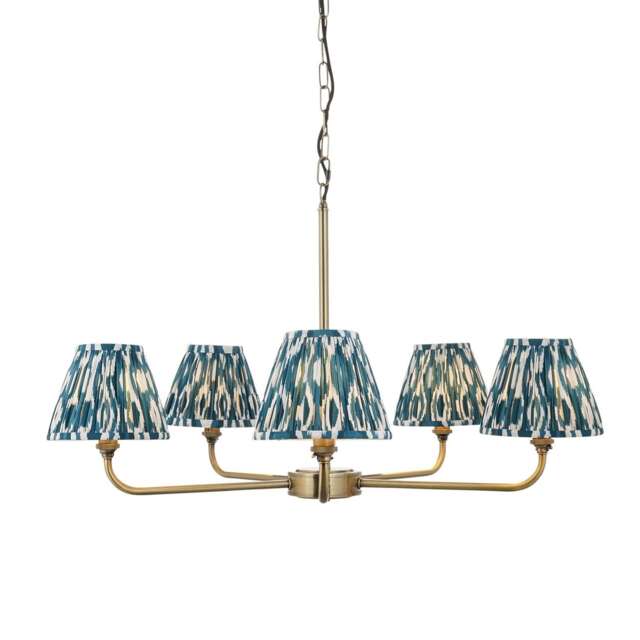 Lille Antique Brass Plate Pendant Light with Marlin Blue Fabric Ikat Shade 16cm 5x B22