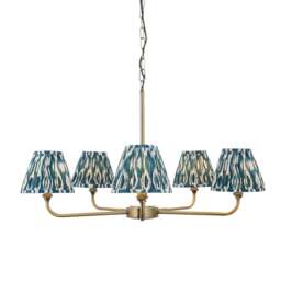 Lille Antique Brass Plate Pendant Light with Marlin Blue Fabric Ikat Shade 16cm 5x B22