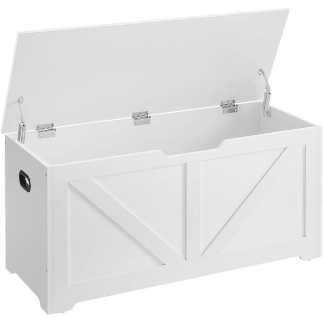 Storage Chest Bench with Safety Hinges, Blanket Box and Shoe Storage Unit, Farmhouse Style, Cloud White
