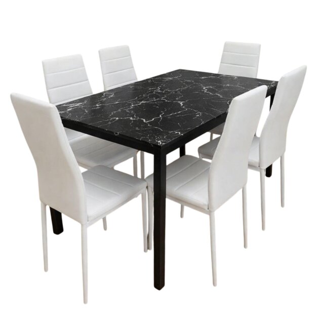 Black Marble Effect Dining Table with 6 White Faux Leather Chairs