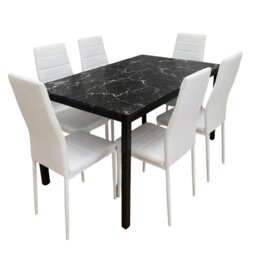 Black Marble Effect Dining Table with 6 White Faux Leather Chairs