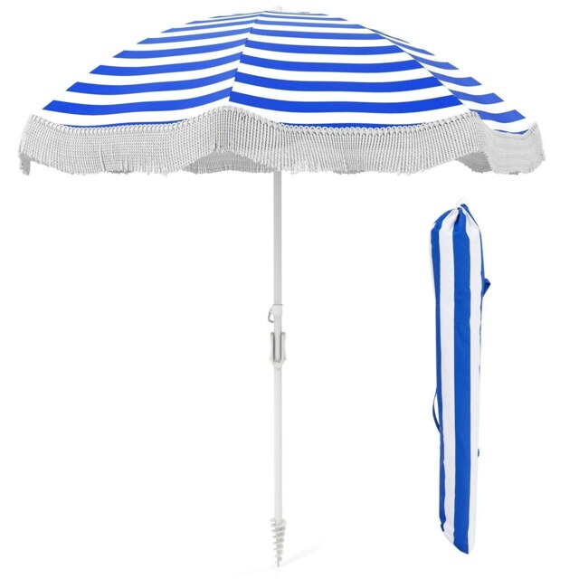 COSTWAY 180 cm Outdoor Fringe Patio Parasol Sunshade Umbrella Blue