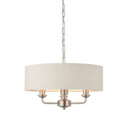 Highclere 3 Lamp Single Shade Pendant Light Brushed Chrome Plate, Natural Linen