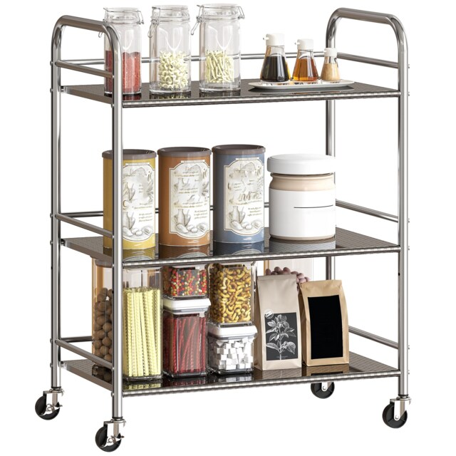 HOMCOM 3 Tier Stainless Steel Storage Trolley with Adjustable Shelf, Serving Trolley with Locking Wheels and Handles, Rolling Cart for Kitchen, Dining Room, Bathroom, Silver Silver Silver