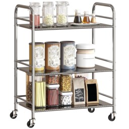 HOMCOM 3 Tier Stainless Steel Storage Trolley with Adjustable Shelf, Serving Trolley with Locking Wheels and Handles, Rolling Cart for Kitchen, Dining Room, Bathroom, Silver Silver Silver