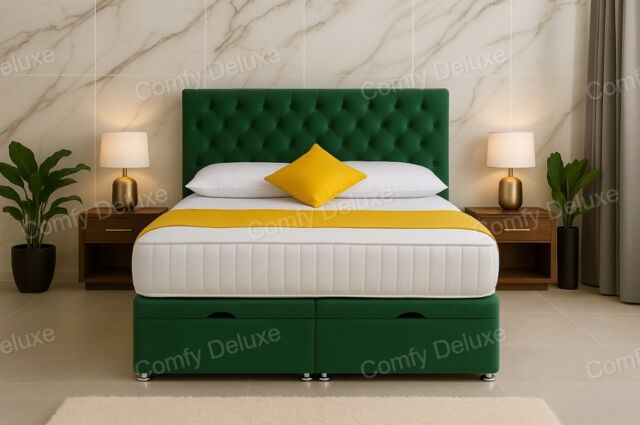 Chesterfield Green Ottoman End Opening 4ft6 Double Bed Set Headboard and Mattress