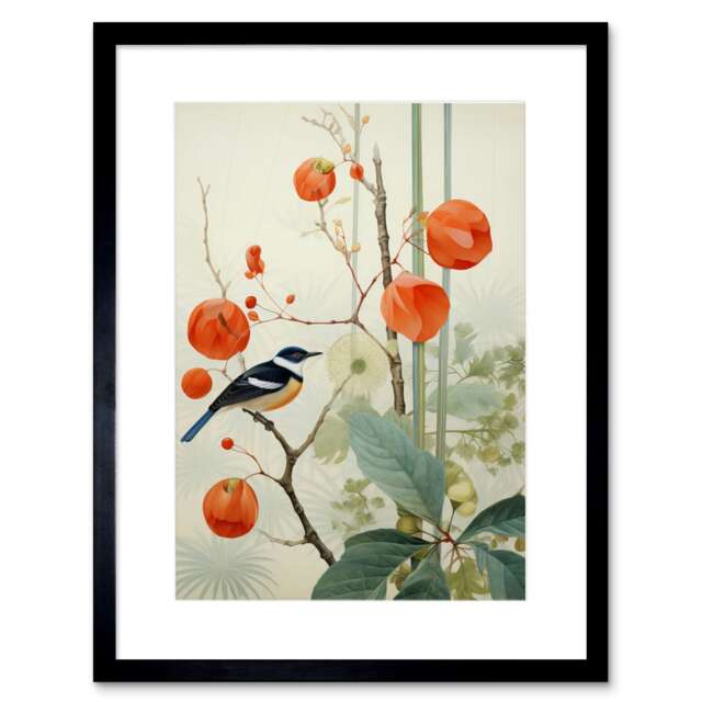 "Small Bird Blooming Tree Branch Botanical Nature 9x7"" Black Framed Wall Art Print"
