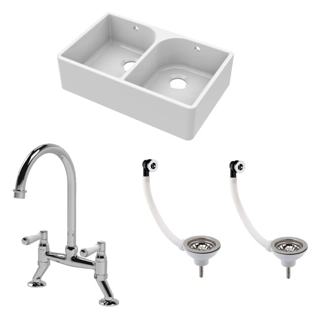 Balterley Fireclay Kitchen Bundle - 2 Bowl Full Weir Butler Sink with Wastes & Bridge Lever Tap White White 3