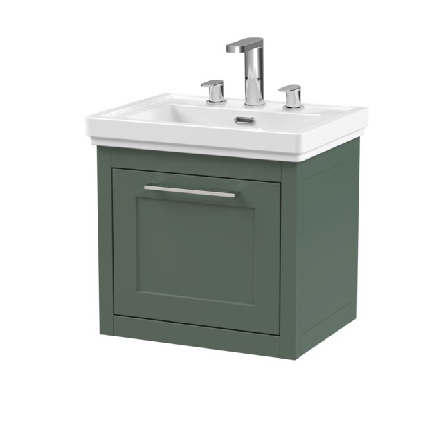 Balterley Traditional Bathroom Wall Hung 1 Drawer Vanity Unit and 3 Tap Hole Fireclay Basin Green Forest Green